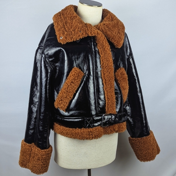 BLANK NYC Moto Jacket Vegan Patent Leather Faux Shearling Black Copper M NWT - Picture 7 of 14
